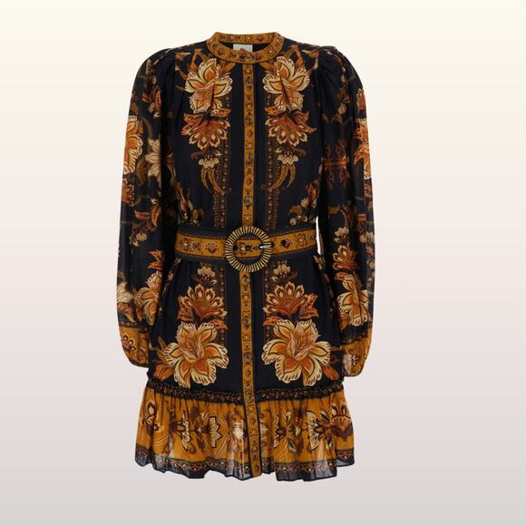 Farm Rio Dresses & Skirts - NWT Farm Rio Majestic Garden Black Mini Dress Size M Floral Boho Belted Ruffle